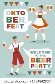 Oktoberfest poster with waiter and waitress in traditional Bavarian dress holding tankards of frothy beer with colorful Welcome text, colored vector illustration