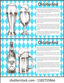 Oktoberfest posters set beer goblets collection with spare place for text. Vector glassy utensil, frothy ale in glossy glass, alcohol drink in bottle