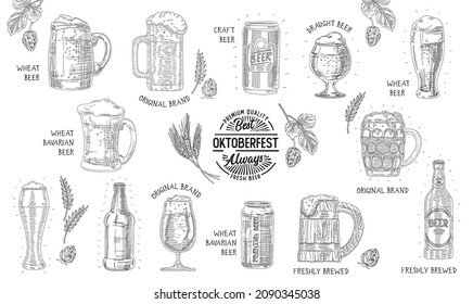 Oktoberfest. Calidad premium. Siempre cerveza fresca Beer gafas, botellas y tazas Beer set. Ilustraciones de vectores dibujadas a mano. 