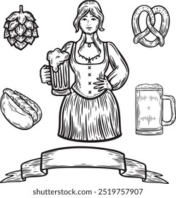Oktoberfest pretzel beer and woman line drawing vector illustration set.