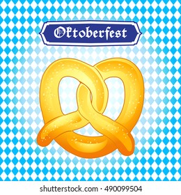 Oktoberfest pretzel on blue Bavarian flag background. Vector 2022 fall. Pretzel Oktoberfest pattern, Bavarian Germany, beer stein, Oktoberfest pretzel, Munich, Lederhosen, German, Oktoberfest food usa