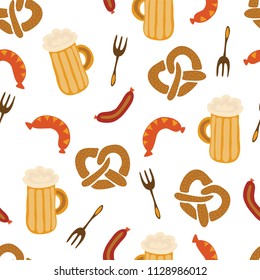 Oktoberfest pretzels beer sausage fork seamless vector illustration pattern. Blue and white checkered background. Perfect for Oktoberfest.