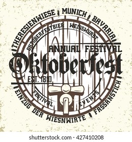 Oktoberfest print stamp with text oktoberfestbier - special beer for festival, Weisswurst - a white sausage, Einzug der Wiesnwirte - Entry of the restaurateurs, Fassanstich - first beer barrel tapping