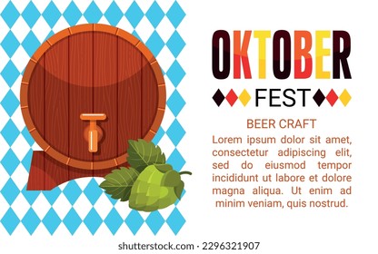 Oktoberfest promo banner beer fest wooden barrel with hop German traditional holiday isometric vector illustration. Bavarian national malt festival celebration invitation poster alcohol ale beverage