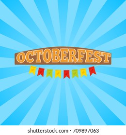 Oktoberfest promo banner representing title in wooden style decorated with colorful ribbons on striped background vector illustration