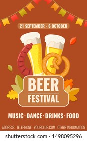 Oktoberfest. Promotion poster for beer festival with glasses with beer, fried sausage and pretzel. Vector illustration.