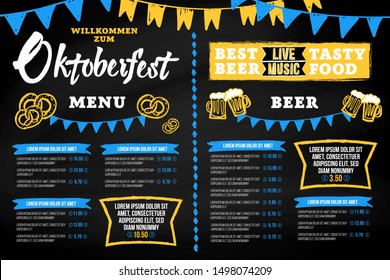 Oktoberfest pub menu template in a modern style with hand drawn Oktoberfest chalk inscription, buntings garlands, beer mugs and pretzels on a blackboard background. Vector illustration