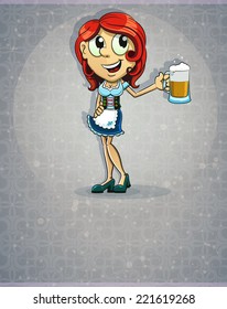 Oktoberfest  redhead girl in traditional costume with a glass of beer on abstract background