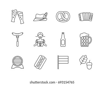 Oktoberfest related line icons set with waitress girl, barrel, beer bottle, mug, Bavarian hat, pretzel.