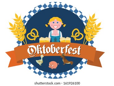Oktoberfest Retro Badge with traditional elements - Beer Mugs, Pretzels, Woman, Corn, Animals