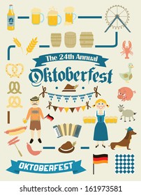 Oktoberfest Retro Creation Kit - Beer, Mugs, Food, Barrels, People, Animals, Decorations, Hats and other related vector elements