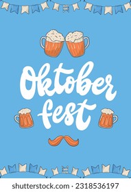 Oktoberfest retro lettering quote decorated with doodles on blue background for posters, prints, cards, signs, invitations, banners, etc. EPS 10