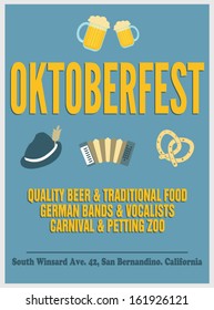 Oktoberfest Retro Poster with Beer Mugs, Hat, Accordion and Pretzel. Vector Template.