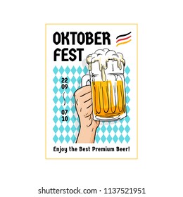 Oktoberfest retro poster design. Two hands holding full glass of beer toasting illustration with bavarian flag pattern background. Munich beer festival concept. Vintage old style hand drawn design.