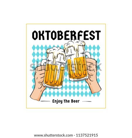 Oktoberfest retro poster design. Two hands holding full glass of beer toasting illustration with bavarian flag pattern background. Munich beer festival concept. Vintage old style hand drawn design.