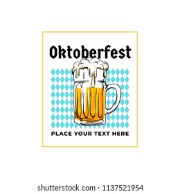 Oktoberfest retro poster. Munich beer festival concept. Hand drawn full glass of beer illustration with bavarian flag background. Vintage old style design for banner, advertising, print media, sticker