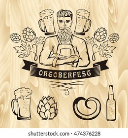 Oktoberfest retro styled label with brewer, beer mug, hop decorations on wooden background. Vector illustration.