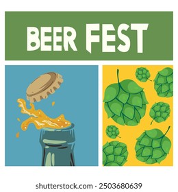 Oktoberfest retro vector poster with inscription. Openable bottle of beer, green hops and white inscription. Beer festival background. Trendy retro art for pub, bar, holiday party advertising