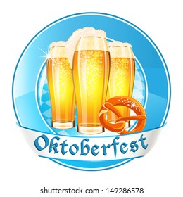 Oktoberfest round banner with beer glasses and pretzel