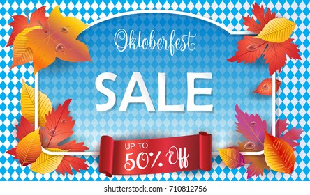 Oktoberfest. Sale banner. October festival Vector voucher, blue color. Germany's Oktoberfest world's biggest wine festival. Oktoberfest Autumn leaves frame Bavarian flag pattern, Gift card Munich 2023