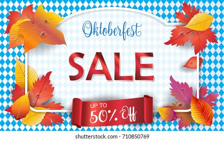 Oktoberfest. Sale banner. October festival Vector voucher, blue color. Germany's Oktoberfest world's biggest wine festival. Oktoberfest Autumn leaves frame Bavarian flag pattern, Gift card Munich 2024