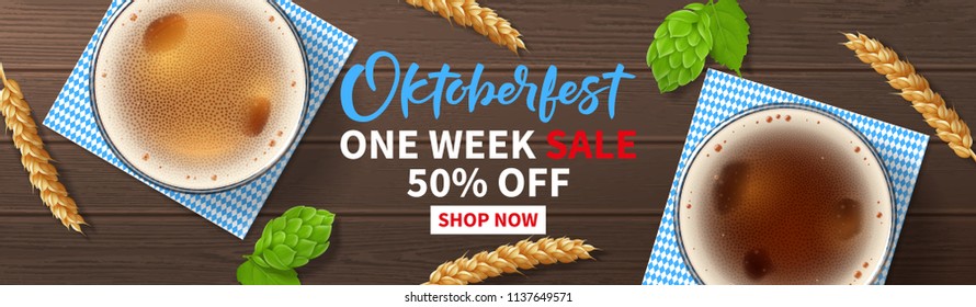 Oktoberfest sale promo web banner. Vector illustration with realistic beer glasses, traditional textile, wheat and hop on wooden texture. Seasonal offer with discount.