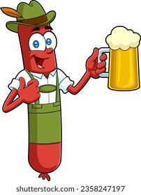 Oktoberfest Sausage Cartoon Character In Traditional Bavarian Clothes Holding A Beer Glass. Vector Hand Drawn Illustration Isolated On Transparent Background