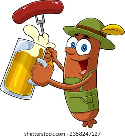 Oktoberfest Sausage Cartoon Character In Traditional Bavarian Clothes Holding A Beer And Weenie On A Fork. Vector Hand Drawn Illustration Isolated On Transparent Background