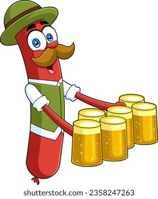 Oktoberfest Sausage Cartoon Character In Traditional Bavarian Clothes Holding A Beer Glasses. Vector Hand Drawn Illustration Isolated On Transparent Background