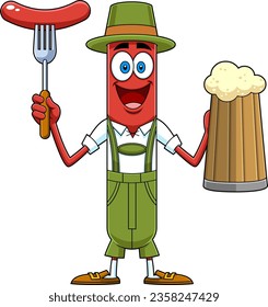 Oktoberfest Sausage Cartoon Character In Traditional Bavarian Clothes Holding A Beer And Weenie On A Fork. Vector Hand Drawn Illustration Isolated On Transparent Background