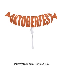 Oktoberfest sausage on fork emblem. Meat lettering. Logo for German festival Beer
