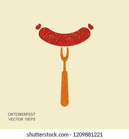 Oktoberfest sausage on fork. Flat vectot icon with scuffed effect