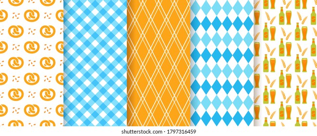 Oktoberfest seamless background. Octoberfest pattern. Vector. Prints with rhombus, beer, pretzel, plaid and gingham. Set of Germany traditional textures. Bavarian diamond wallpaper. Color illustration