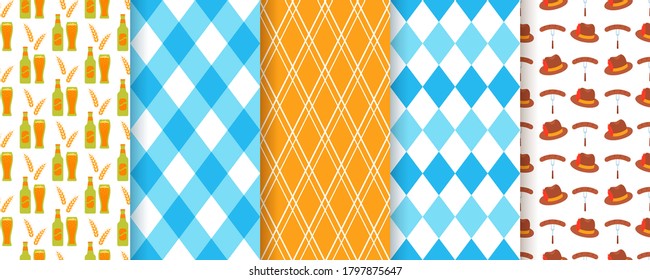 Oktoberfest seamless background. Octoberfest pattern. Prints with rhombus, beer, hat, plaid and gingham. Vector. Set of Germany traditional textures. Bavarian diamond wallpaper. Color illustration