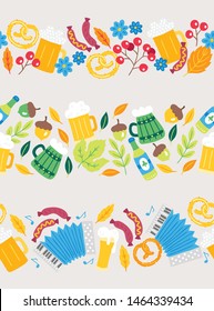 Oktoberfest seamless borders - beer, pretzel, sausage, flower, berry, acorn, leaves, branches, accordion, notes, music. Perfect for food and beer festival posters