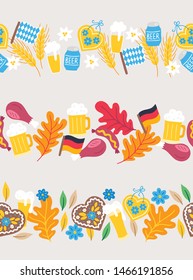 Oktoberfest seamless borders - german flag, beer, wheat, gingerbread, flower, edelweiss, sausage, oak, leaves, meat.  Perfect for food and beer festival posters