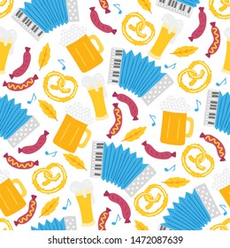 Oktoberfest seamless pattern with accordion, sausage, beer, pretzel, notes, leaves on white background. Perfect for restaurant menu, beer festival, greeting cards, wallpaper