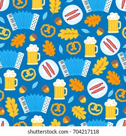 Oktoberfest seamless pattern with acorn, sausage, beer glass, pretzel, harmonica, oak leaves on blue background. Perfect for wallpaper, gift paper, holiday greeting cards.