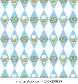 Oktoberfest seamless pattern. Background blue and white rhombus. Hand drawing. Vector illustration.