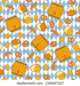 Oktoberfest seamless pattern with barrel, beer, bavarian sausages and pretzels.