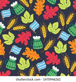 Oktoberfest seamless pattern with bavarian flag, wheat, beer, oak leaves, hop on dark background. Perfect for restaurant menu, beer festival, greeting cards, wallpaper