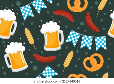 Oktoberfest seamless pattern. Beer and alcoholic drinks, German traditions. Repeating image for printing on tablecloths for cafes or restaurants, sausage and hop. Cartoon flat vector illustration