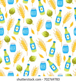 Oktoberfest seamless pattern with beer bottle, wheat, leaves and hop on white background. Perfect for wallpaper, gift paper, holiday greeting cards.