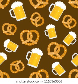 Oktoberfest seamless pattern, beer jug and pretzel