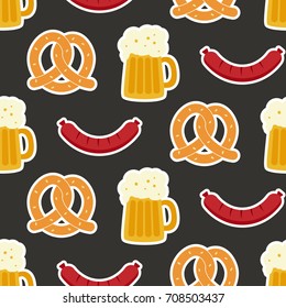 Oktoberfest seamless pattern with beer mug, pretzel and sausage on black background. Vector illustration