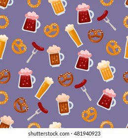 Oktoberfest seamless pattern. Beer mugs, pretzels, sausage. For printing, backdrop and textile.