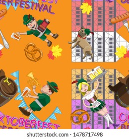 Oktoberfest seamless pattern with beer people girl men musicians home accordion trumpet pretzel fork sausage leaves flag dog pug barrel on orange background. Vector image. eps 10