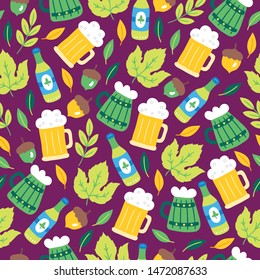 Oktoberfest seamless pattern with beer, pot, acorn, leaves, mug, branch on bordo background. Perfect for restaurant menu, beer festival, greeting cards, wallpaper