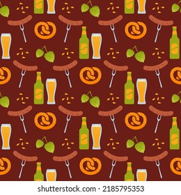 El Oktoberfest se caracteriza por un patrón sin fisuras con cerveza, pretzel y salchicha. Textura de fondo de Octoberfest. Papel de pared tradicional de Alemania. Impresiones bávaras. Ilustración del vector de color