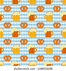 Oktoberfest seamless pattern with beer and pretzels.